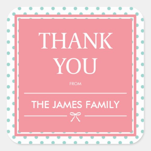 Pink Baby Shower Polka Dots  Ribbon Thank You Square Sticker