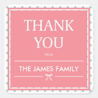 Pink Baby Shower Polka Dots & Ribbon Thank You Square Sticker