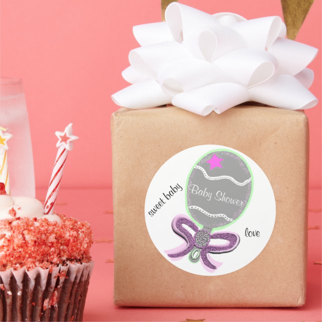 Pink Baby Shower Rattle Round Stickers (Party)