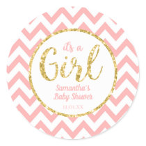 Pink Baby Shower Round Sticker | Chevron and Gold