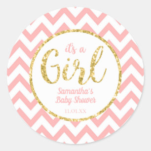 Pink Baby Shower Round Sticker Chevron and Gold