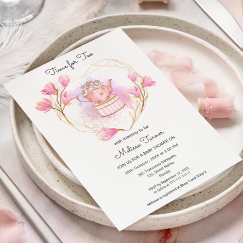 Pink Baby Shower Tea Party Floral Invitation