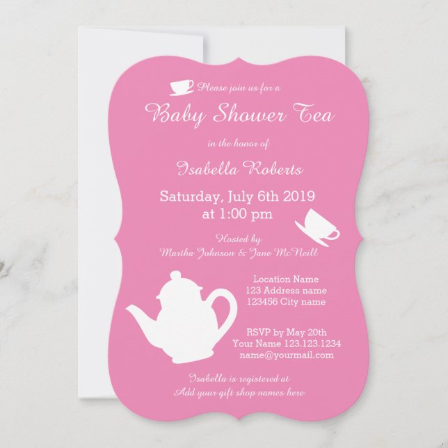 Pink baby shower tea party invitations with teapot (Front)