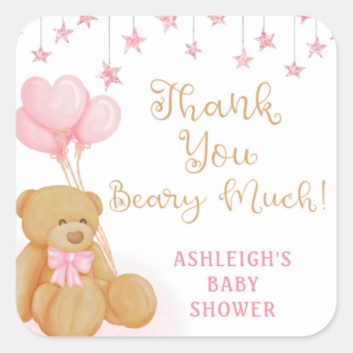 Pink Baby Shower Teddy Bear Balloons Thank You Square Sticker