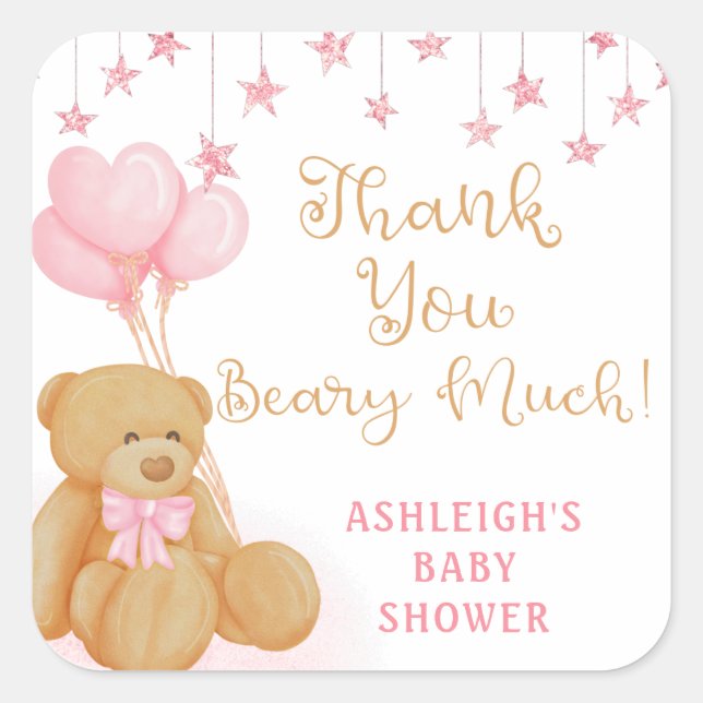 Pink Baby Shower Teddy Bear Balloons Thank You Square Sticker (Front)