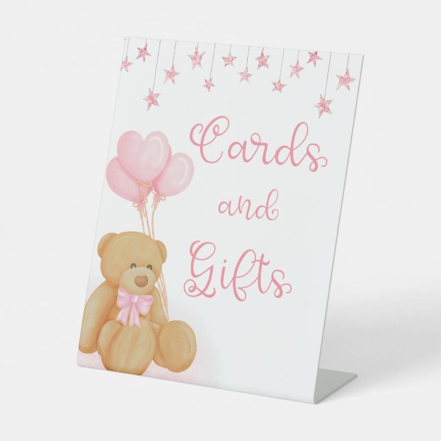 Pink Baby Shower Teddy Bear Cards and Gifts Sign (Front)