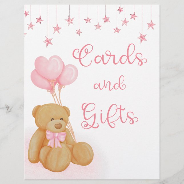 Pink Baby Shower Teddy Bear Cards and Gifts Sign Flyer (Front)