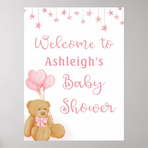 Pink Baby Shower Teddy Bear Heart Balloons Welcome Poster