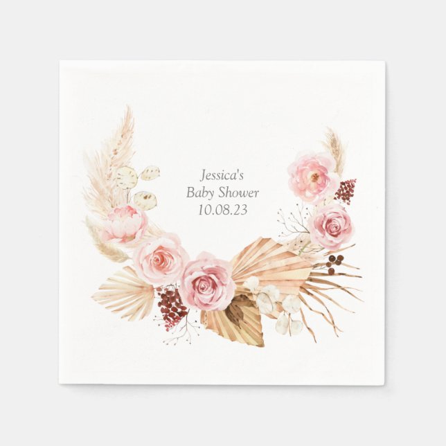 Pink Baby Shower Watercolor Boho Floral Napkins (Front)