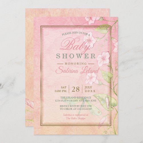 Pink Baby Shower Watercolor Morning Glory Invitation