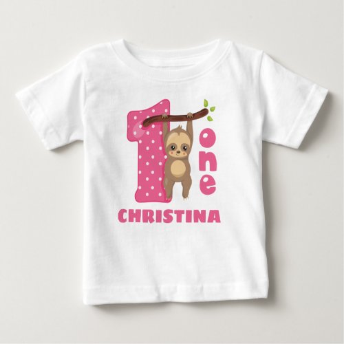 Pink Baby Sloth 1st Birthday Baby T_Shirt