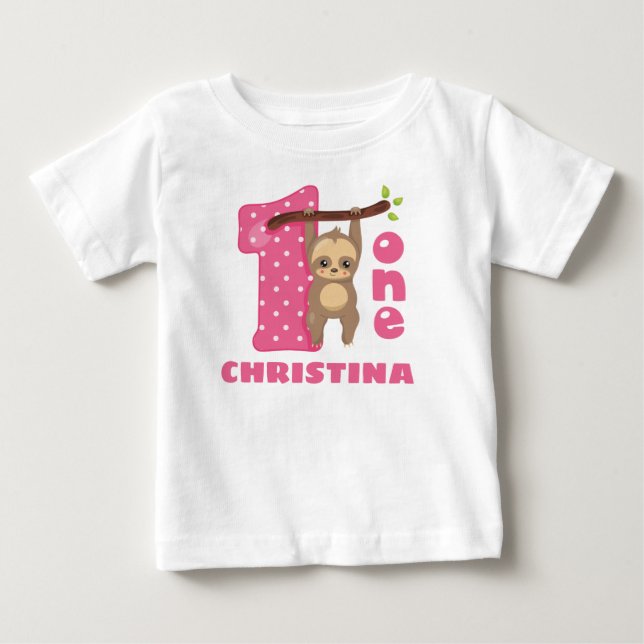 Pink Baby Sloth 1st Birthday Baby T-Shirt (Front)