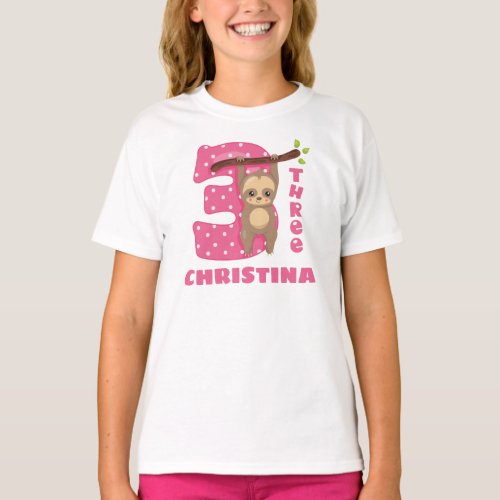 Pink Baby Sloth 3rd Birthday T_Shirt