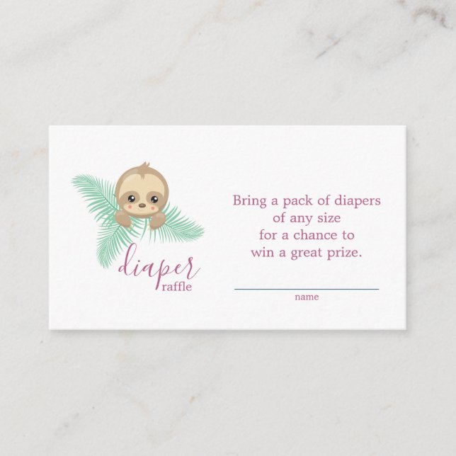 Pink Baby Sloth Diaper Raffle Ticket Baby Shower Enclosure Card (Front)
