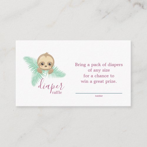Pink Baby Sloth Diaper Raffle Ticket Baby Shower Enclosure Card