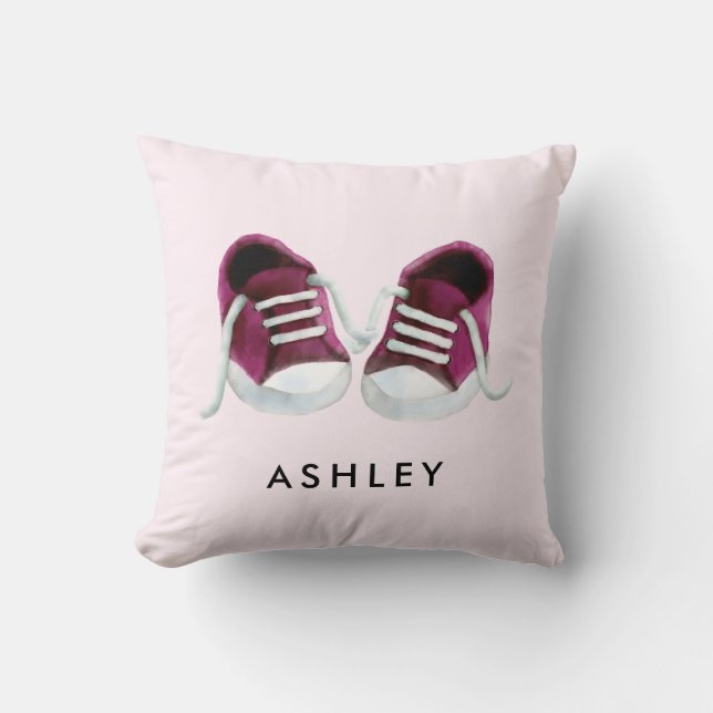 Pink Baby Sneakers Pillow, with Name, for Nursery Throw Pillow (Front)