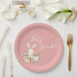 Pink Baby Sprinkle Script Baby Shower Paper Plates<br><div class="desc">Such a sweet pink and elegant baby shower “Baby Sprinkle” paper plate.  Cute little watercolor bunny rabbit in a basket. White font.  Such a sweet look for your baby shower sprinkle.</div>