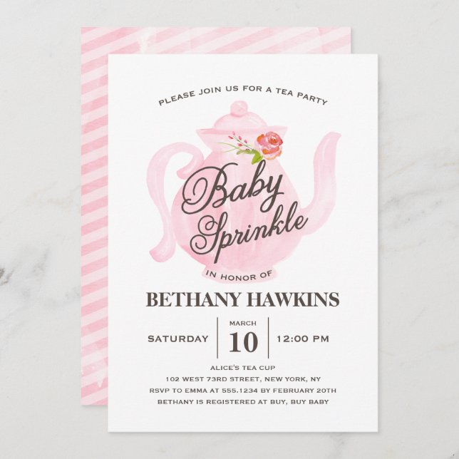 Pink Baby Sprinkle Tea Party Watercolor Invitation (Front/Back)