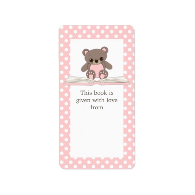 Pink Baby Teddy Bear on Book Gift Bookplate Label (Front)