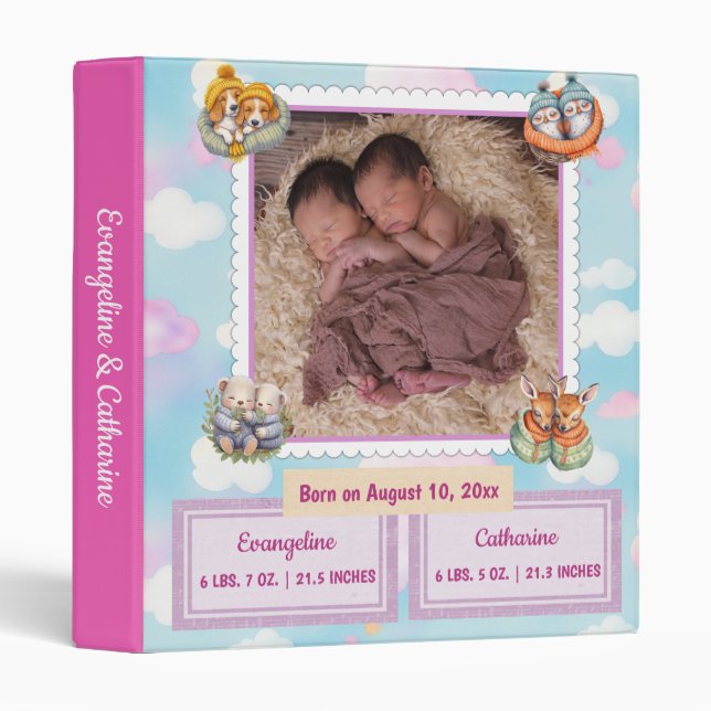 Pink Baby Twins, Double Blessing Photo Album 3 Ring Binder (Front/Spine)