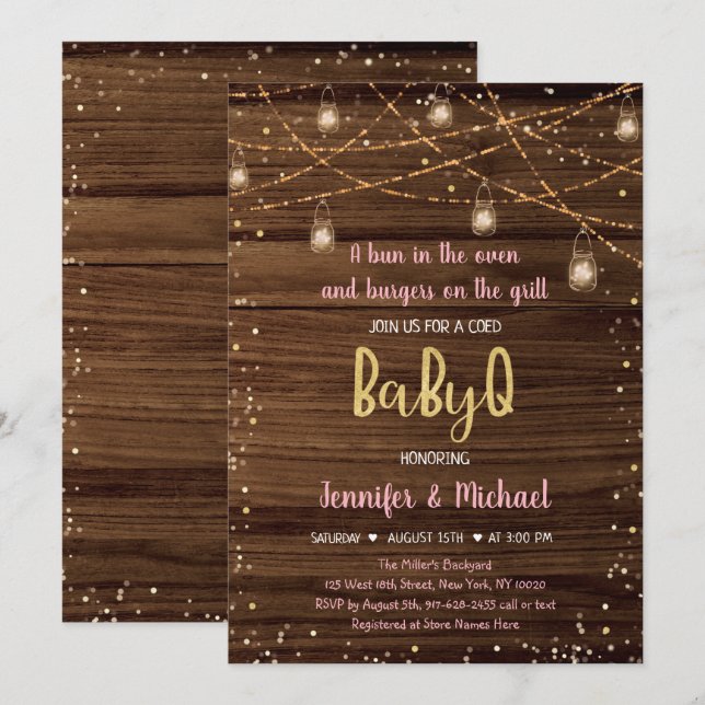 Pink BabyQ Rustic String Lights BBQ Baby Shower Invitation (Front/Back)