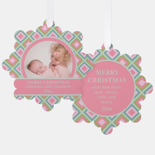 Pink Babys 1st Christmas Grandchild Photo  Ornament Card