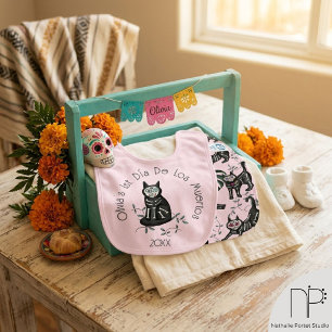 Pink Babys 1st Dia De Los Muertos Skeleton Cats Baby Bib