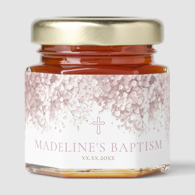 pink Baby's breath Baptism Honey Jar Favors (Front)
