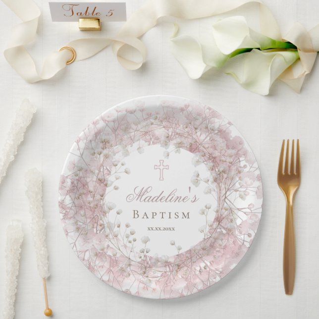 pink baby's breath Baptism Paper Plates (Wedding)