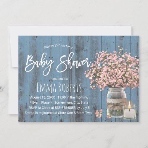 Pink Babys Breath  Candle Dusty Blue Baby Shower Invitation