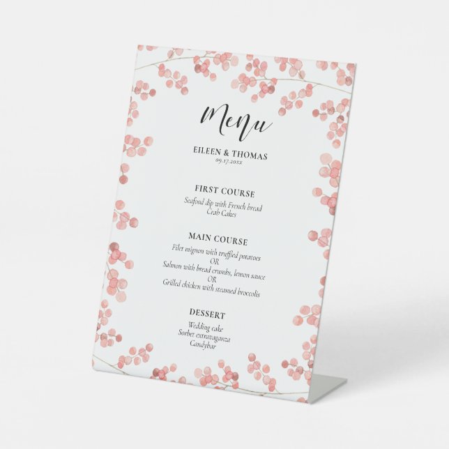 Pink Baby's Breath Floral wedding menu Pedestal Sign (Front)