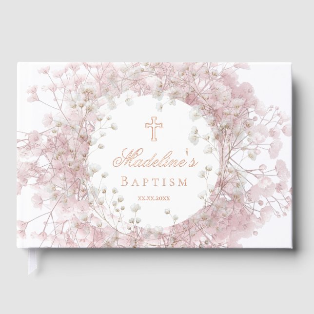 pink baby's breath flowers Baptism Foil Guest Book (Front)