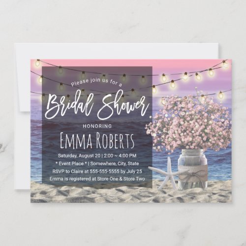 Pink Babys Breath Jar Beach Starfish Bridal Shower Invitation