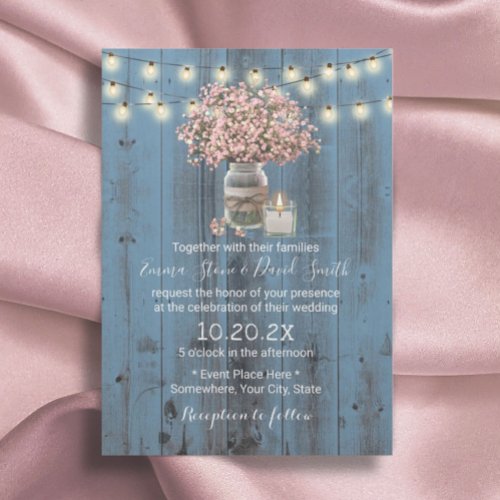 Pink Babys Breath Jar Dusty Blue Rustic Wedding Invitation