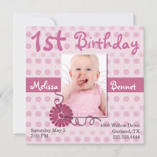 Pink Baby's First Birthday Photo Invitation