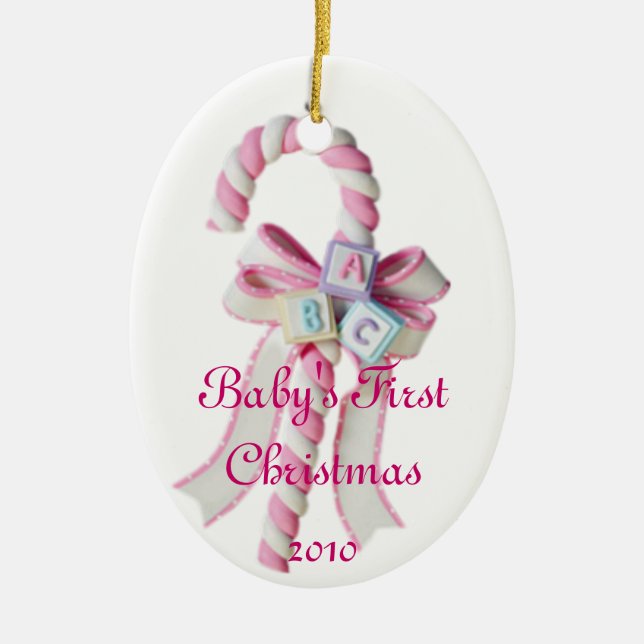 Pink Baby's First Christmas Holiday Ornament (Front)