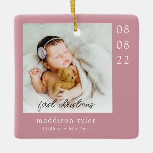 Pink Babys First Christmas Photo Ceramic Ornament