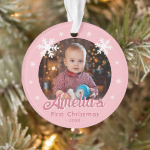 Pink Baby's First Christmas Snowflakes Photo  Ornament