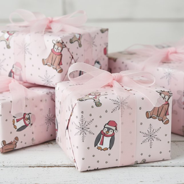 Pink Babys First Christmas Winter Animals Wrapping Paper (Girly Winter Baby Shower Wrapping Paper. Christmas Stuffed Animals 4 Baby It's Cold Outside Party)