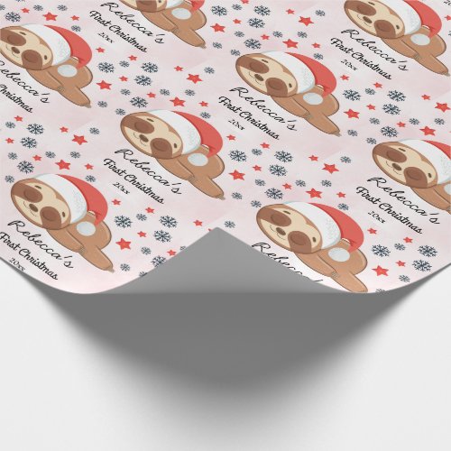 Pink Babys Girl First Christmas Cute Sloths Wrapping Paper