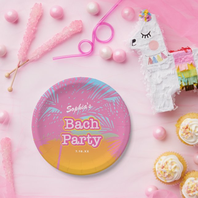 Pink Bach Party Palm Trees Paper Plates (Party)