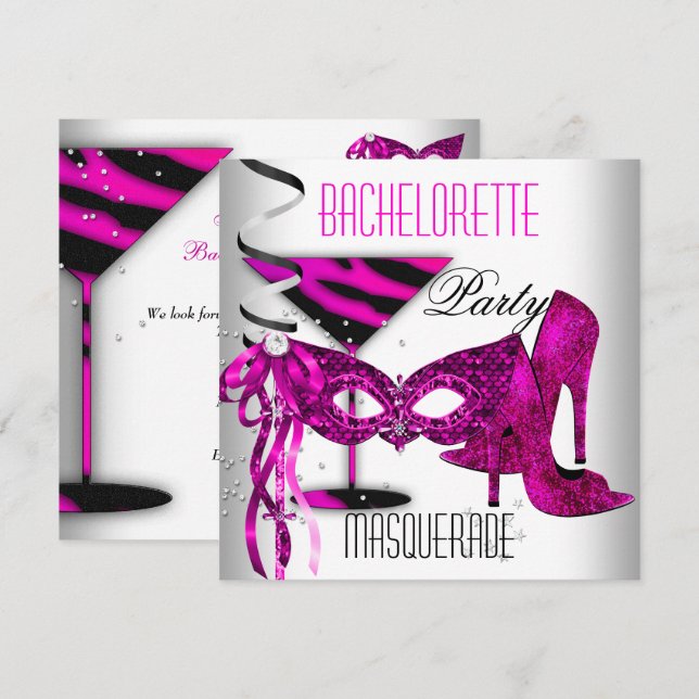 Pink Bachelorette Masquerade White High Heel Shoes Invitation (Front/Back)