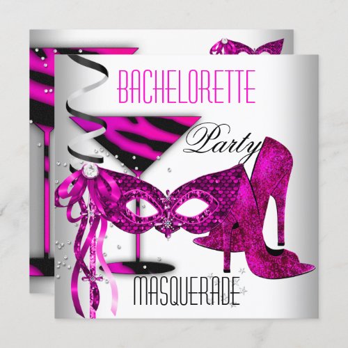 Pink Bachelorette Masquerade White High Heel Shoes Invitation