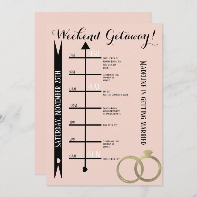 Pink Bachelorette Weekend Getaway Foil Ring Invitation (Front/Back)
