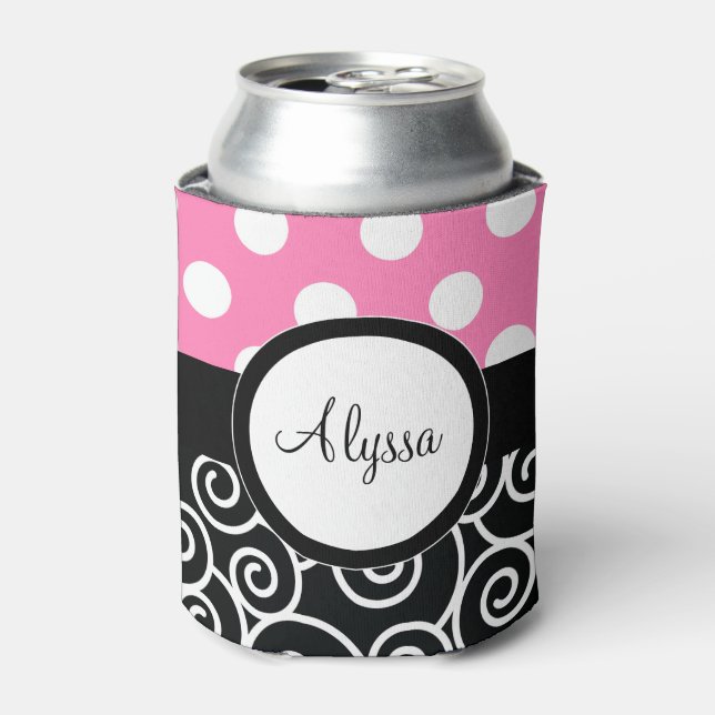 Pink Back Dots Swirl Personalized Can Cooler (Can Front)