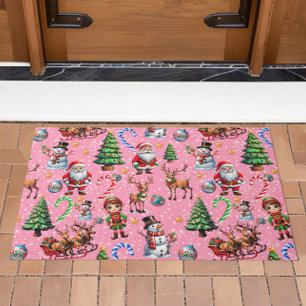 Pink Background Christmas Decorative Pattern Doormat