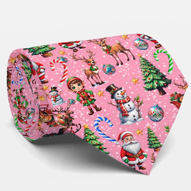 Pink Background Christmas Decorative Pattern Neck Tie (Creator Uploaded)