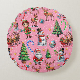 Pink Background Christmas Decorative Pattern Round Pillow