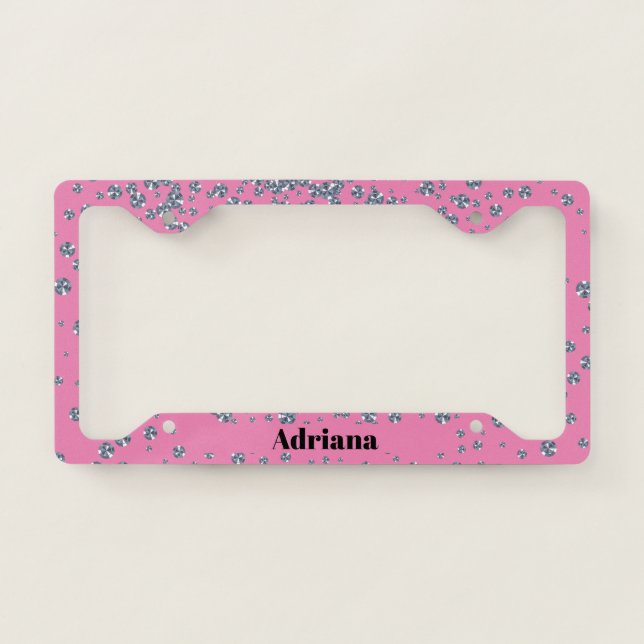 Pink Background Diamond Glam Girly License Plate Frame (Front)