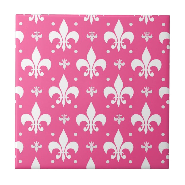 Pink Background Fleur-de-lis Pattern Design  Ceramic Tile (Front)